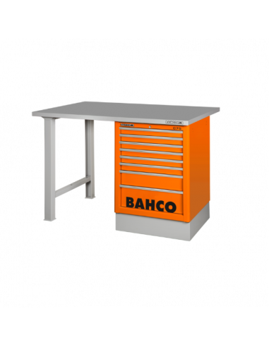 Bancos de trabajo «heavy duty» con encimera de acero, cajonera lateral y dos patas de 1800 × 750 × 1030 mm