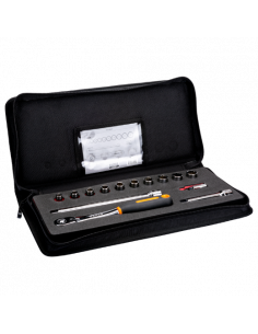 Juego de vasos con cuadrado de 1/2" con perfil bi-hexagonal métrico y maletín de poliéster para carraca de cabeza delgada