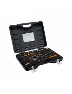 Juego de vasos con cuadrado de 3/8", perfil bi-hexagonal métrico y cabeza de carraca redonda/alargaderas