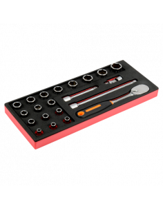 Juego de carraca de cabeza tipo pera y vasos de 1/2" en bandeja de foam 1/3 Fit&Go (21 piezas)