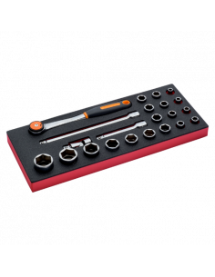 Juego de carraca de cabeza redonda y vasos de 1/2" en bandeja de foam 1/3 Fit&Go (22 piezas)