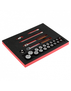 Juego de carraca de cabeza tipo pera y vasos de 1/2" en bandeja de foam 2/3 Fit&Go (24 piezas)